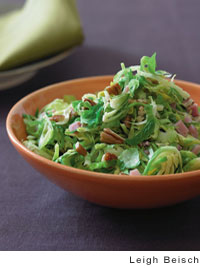 Sautéed Brussels sprouts with smoked ham and toasted pecans