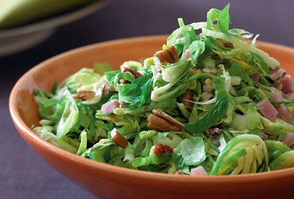 Sautéed Brussels sprouts with smoked ham and toasted pecans