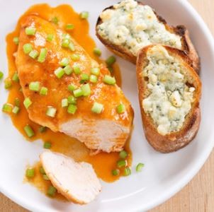 Sautéed Buffalo chicken breasts with blue cheese toasts
