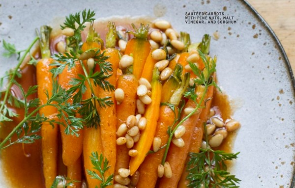 Sautéed carrots with pine nuts, malt vinegar, and sorghum