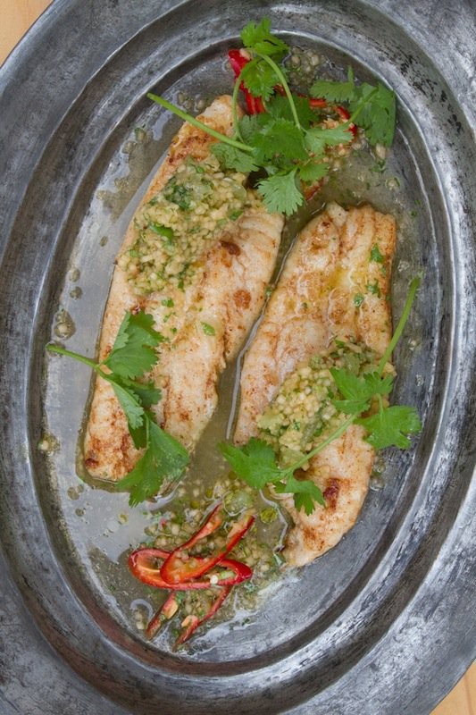 Sautéed catfish with cantaloupe, lime, and cilantro salsa