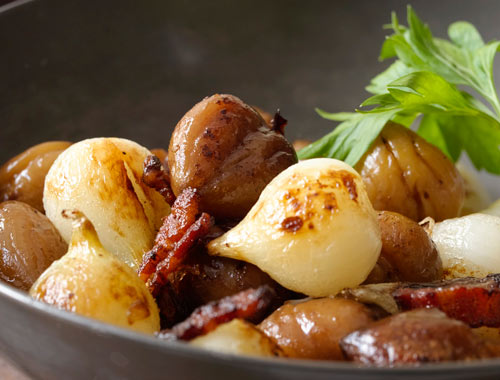 Sautéed chestnuts, onions, and bacon