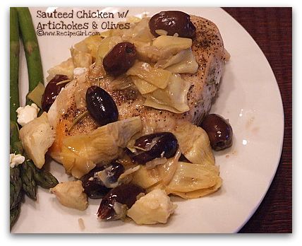 Sauteed chicken breasts with artichokes and olives