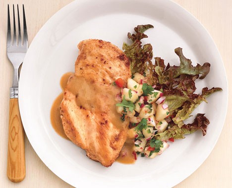 Sauteed chicken breasts with pear, bell pepper, and cilantro salsa