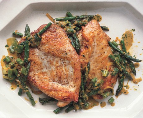 Sautéed chicken cutlets with asparagus, spring onions, and parsley-tarragon gremolata