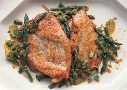Sautéed chicken cutlets with asparagus, spring onions, and parsley-tarragon gremolata