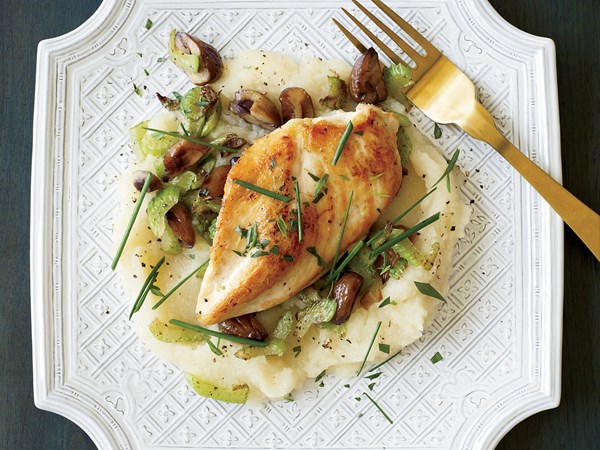 Sautéed chicken with celery root puree and chestnuts
