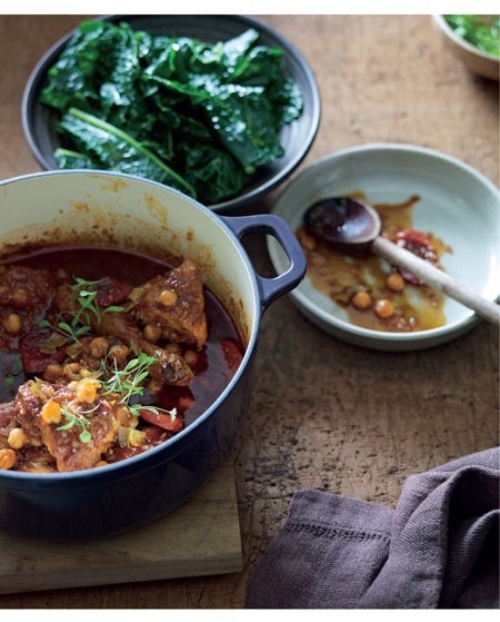 Sauteed chicken with chorizo and chickpeas