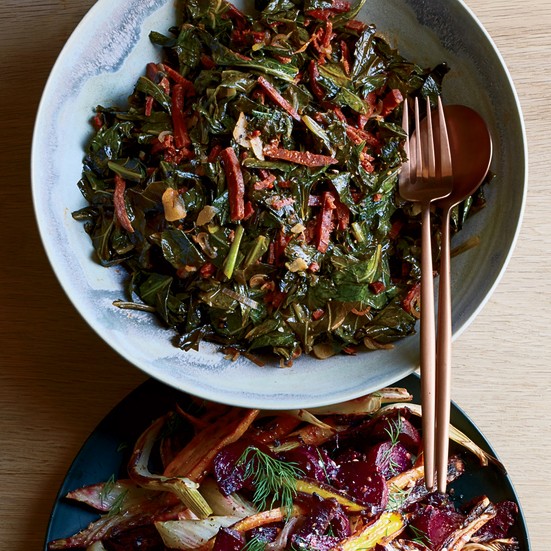 Sautéed collard greens with pepperoni