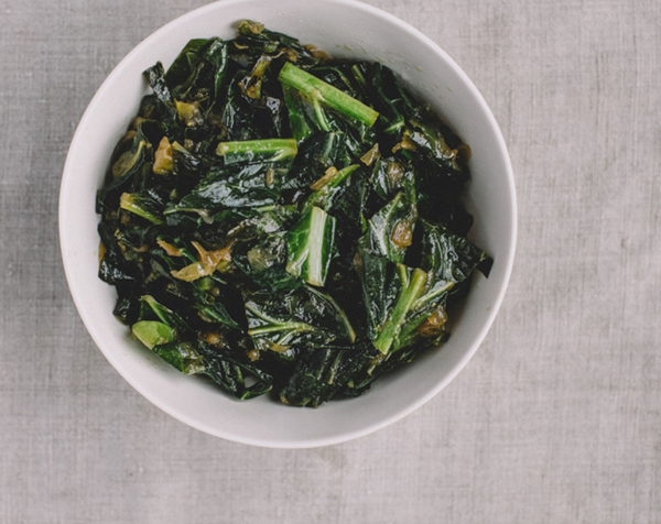 Sautéed collard greens with six-hour caramelized onions