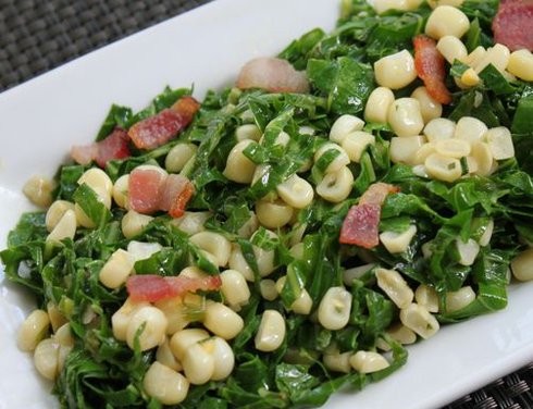 Sautéed collards with corn and bacon