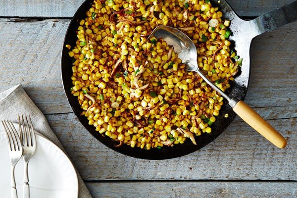 Sauteed corn, green onions, and shiitake mushrooms