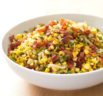Sautéed corn with bacon and leeks