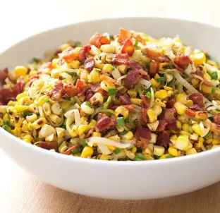 Sautéed corn with bacon and leeks