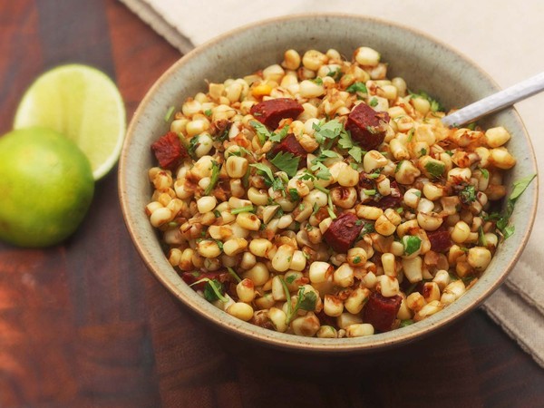Sautéed corn with chorizo, cilantro, and lime juice