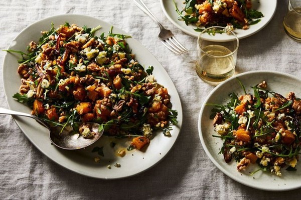 Sautéed dates with roasted butternut squash, wheatberries and blue cheese