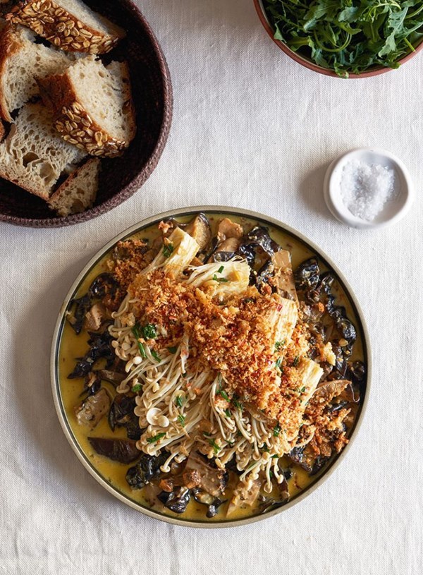 Sautéed enoki with dried mushroom sauce & chilli & Parmesan breadcrumbs