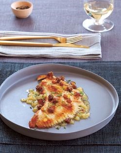 Sautéed fillet of skate with caramelized apples and chicken liver