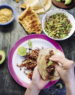 Sautéed grasshoppers with pork crackling tacos (Tacos de chapulin and chicharrón)