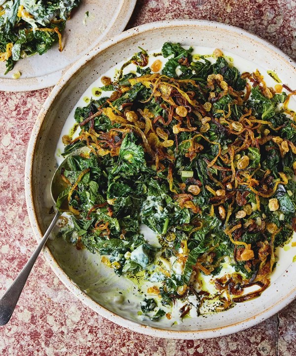 Sautéed greens with yoghurt, fried onions & turmeric oil