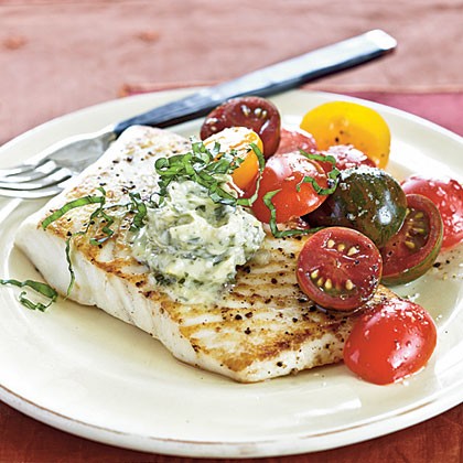 Sautéed halibut with lemon-pesto butter