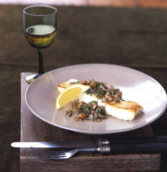 Sauteed halibut with pecan shallot topping