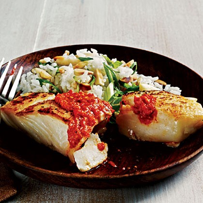 Sautéed halibut with romesco sauce
