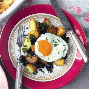Sautéed Jersey Royals with black pudding and fried egg