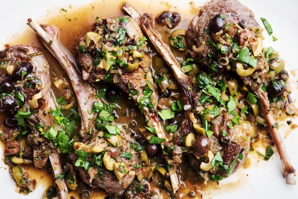 Sautéed lamb chops with ramps, anchovy, capers and olives