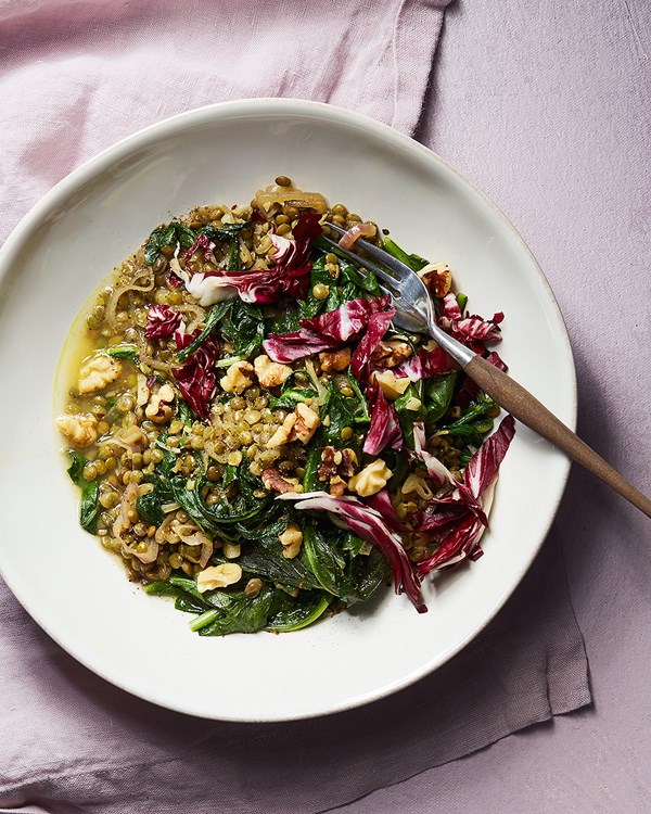 Sautéed lentils with dandelion greens and radicchio