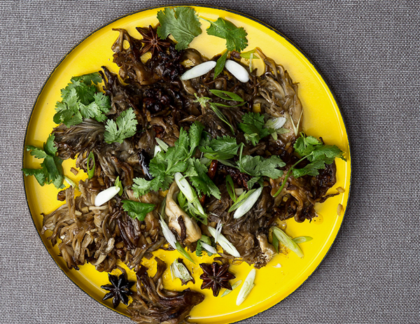Sautéed maitake mushrooms with red chiles and cilantro