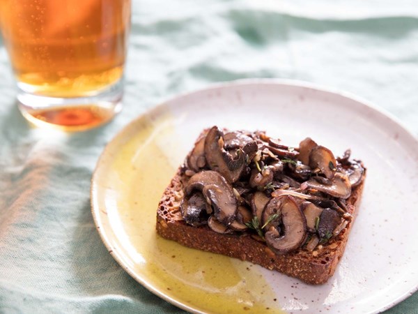 Sautéed mushrooms with thyme on Danish rye bread (Rugbrød)