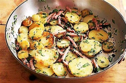 Sautéed parsnips with country ham, parsley, and basil