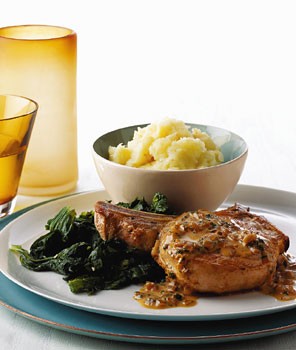 Sautéed pork chop with sage-cider cream sauce