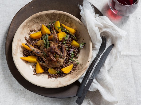 Sautéed quail with black barley, beets, and fig sauce