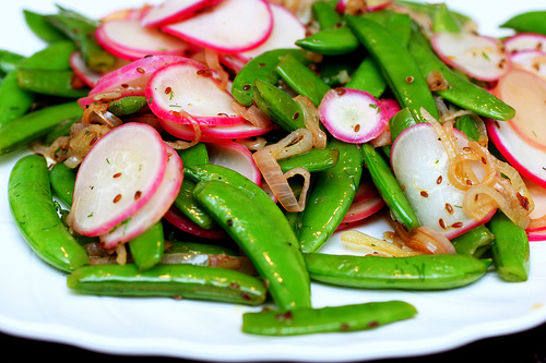 Sautéed radishes and sugar snaps with dill