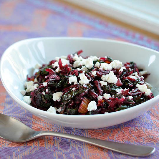 Sautéed rainbow chard with raw beets and goat cheese