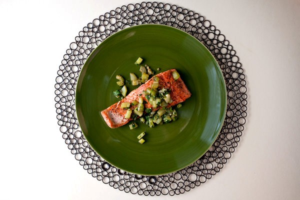 Sautéed salmon with brown butter cucumbers