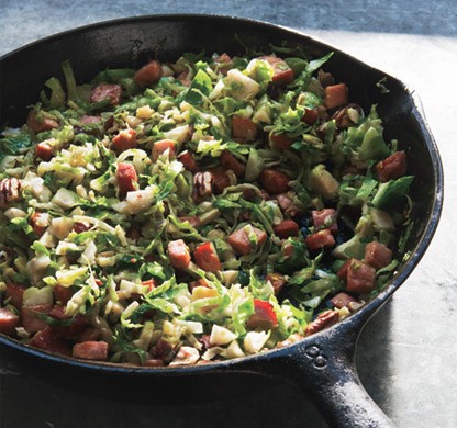 Sautéed shredded Brussels sprouts with smoked ham and toasted pecans