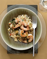 Sautéed shrimp with green olives, scallions and anchovies
