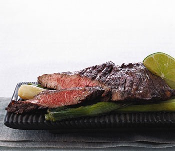 Sautéed skirt steak with braised scallions