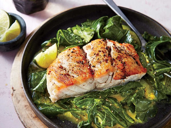 Sautéed snapper with curried greens