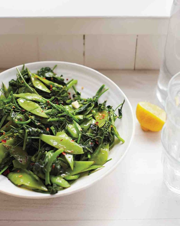 Sautéed snow peas and pea shoots