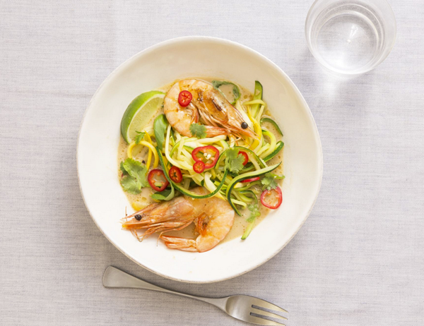 Sautéed squash and shrimp with coconut milk and chiles