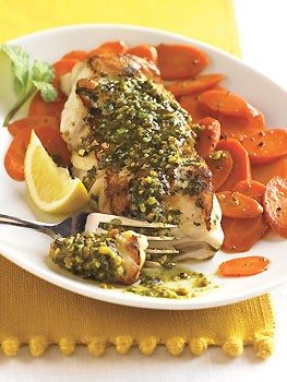 Sautéed striped bass with mint pesto and spiced carrots