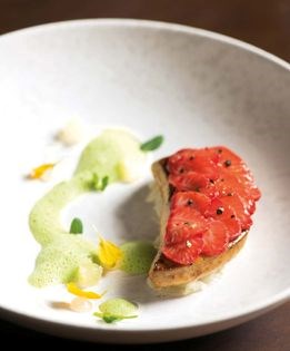 Sautéed Sullivan County foie gras with basil nage and nutmeg