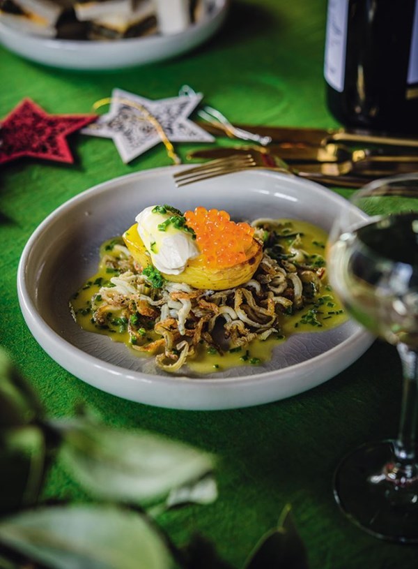 Sautéed whitebait, roast Jersey Benne potatoes with crème fraîche & caviar, chive butter sauce