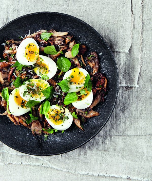 Sautéed wild mushrooms with soft-boiled eggs