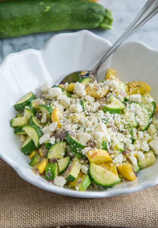 Sautéed zucchini and squash with thyme and feta