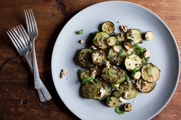 Sautéed zucchini with mint, basil, and walnuts